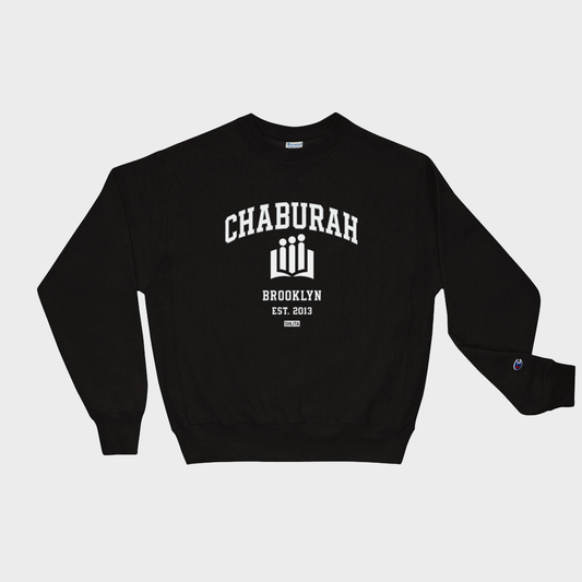 Black sweatshirt with 'Chaburah Brooklyn' text on a light gray background