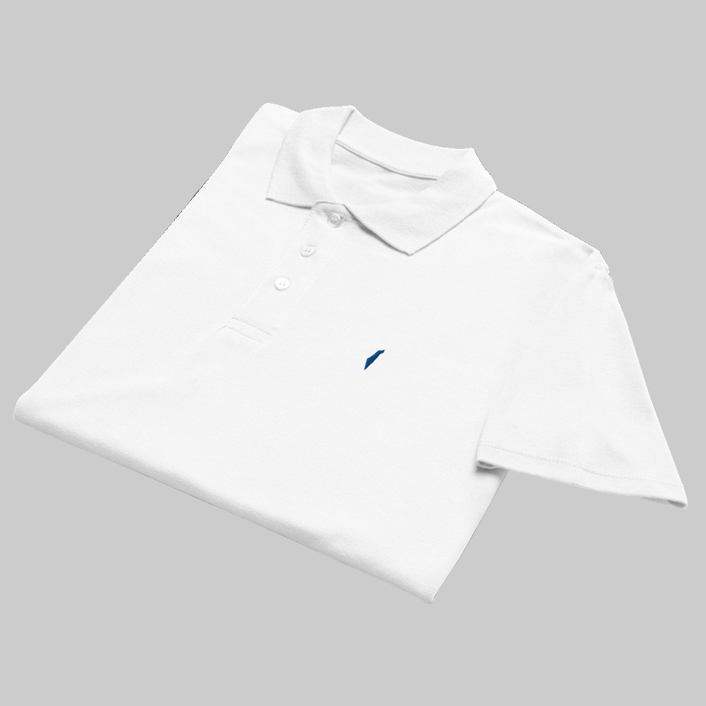 White polo shirt with a small blue logo on a white background