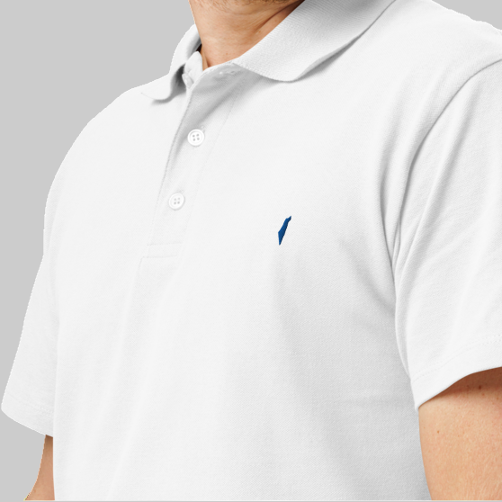 Man wearing a white polo shirt with a logo on a white background