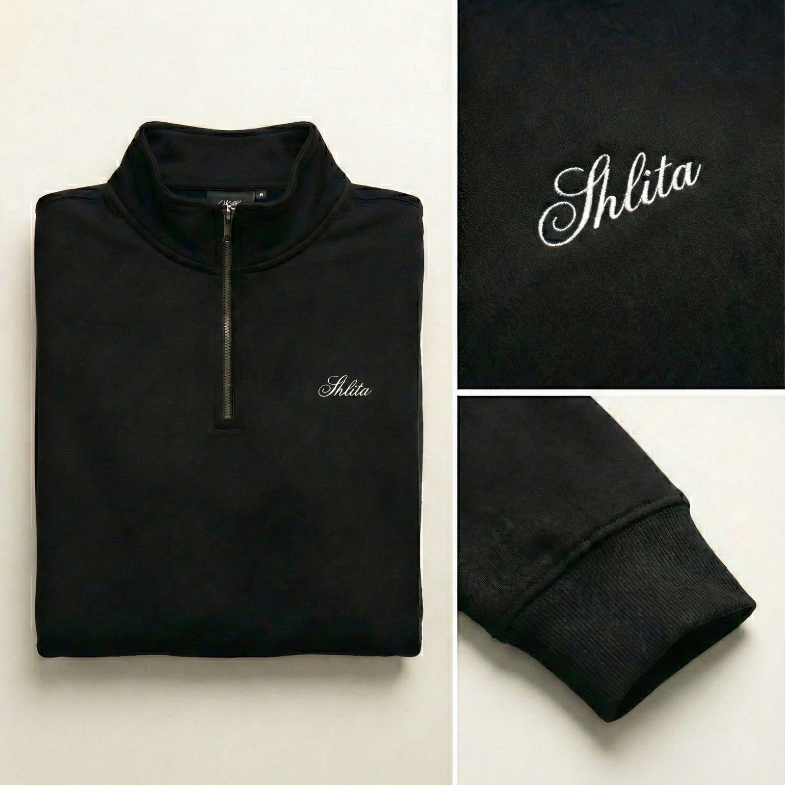 black script quarter zip made in USA