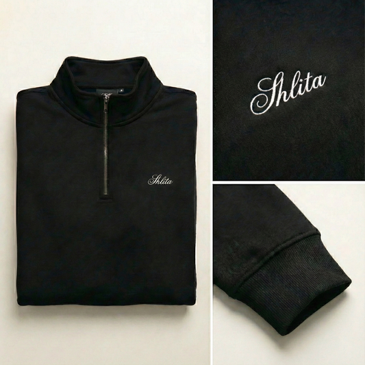 black script quarter zip made in USA